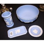 Four pieces of powder blue Wedgwood jasperware