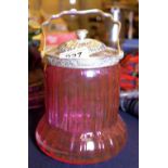 Cranberry glass biscuit barrel with silver plated lid and handle