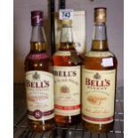 Three bottles of Bells Scotch whisky 2x1ltr and 1x70cl 43%vol