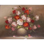 Oil on canvas still life bowl of flowers signed R.
