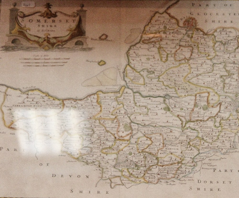 Antique style printed map of Somerset, hand tinted and marked R.