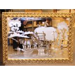 Gilt wood framed etched glass wall mirror, cart horse design.