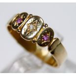 18 ct antique ruby and diamond three stone ring,