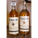 Two bottles of Teachers Highland Cream Scotch whisky 1x70cl and 1x1ltr 40%vol and 43%vol,
