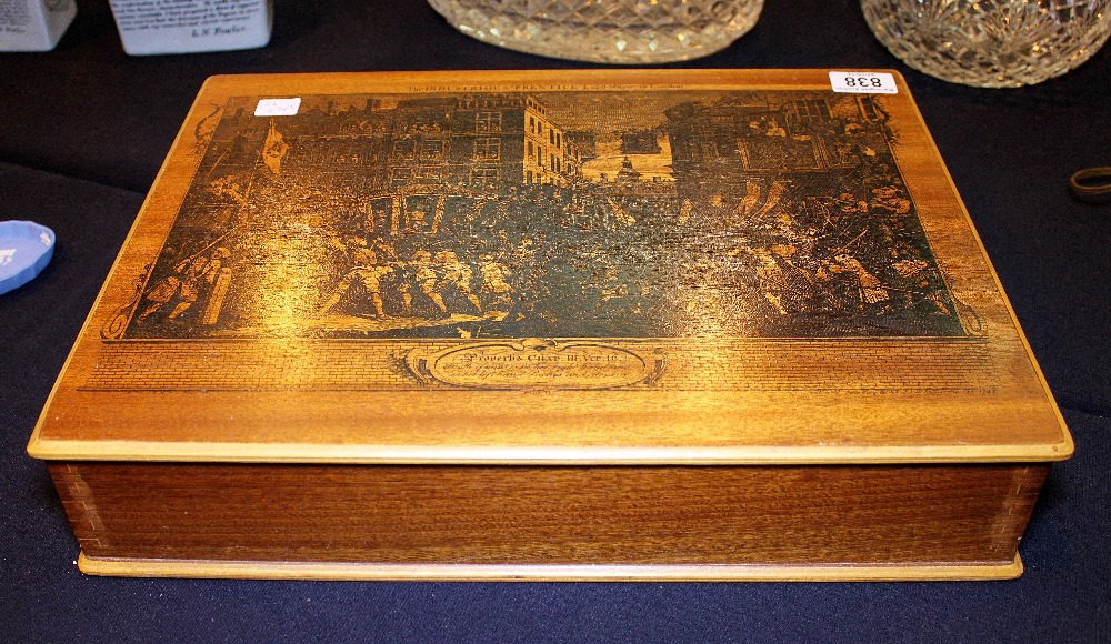Boxed set of Hogarth style vintage wooden place mats depicting industry and idleness