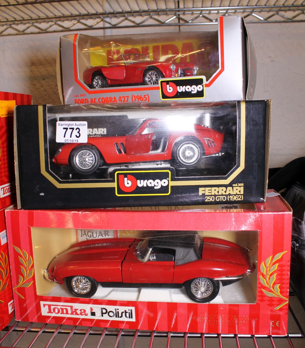 Tonka model Jaguar mk2 and two Burago models Ford Cobra and Ferrari