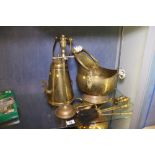 Brass companion set including coal skuttle and kettle and a circular wooden barometer