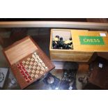 Wood cased travel chess and wood boxed wood chess pieces