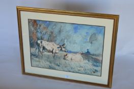 ARTHUR HENRY KNIGHTON HAMMOND - A flowing picture of cattle in field with blue sky. 54cms x 77cms.