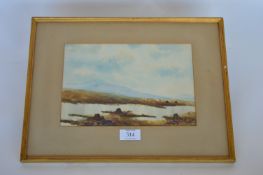 PERCY FRENCH - A typical Irish moorland scene with lake and cottages. 32cms x 21cms. Est. £750 - £