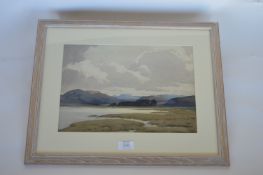 H G THEAKET - A lake scene surrounded by mountains. 30cms x 43cms. Est. £10 - £15.