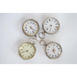 A group of four silver ladies' fob watches with white enamelled dials. Est. £40 - £50.