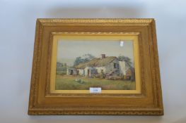 L M WATTS - Attractive cottage scene with ducks in gilt frame. 24cms x 34cms. Est. £100 - £150.
