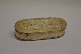 A Dutch oval box with hinged lid decorated with bar scene on four feet. Approx 161 grams. Est. £