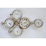 A bag containing five plated pocket watches with white enamelled dials. Est. £30 - £40.