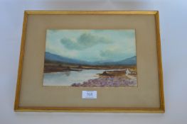 PERCY FRENCH - Cottage by a river with hilly landscape. 32cms x 21cms. Est. £750 - £800.