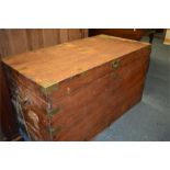 A large camphor wood trunk with brass strap work and corner brackets. 60cms x 58cms x 111cms.