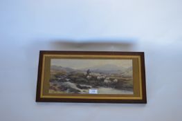 TOM ROWDEN - Shepherd with sheep by stream with rugged landscape. 21cms x 50cms. Est. £200 - £250.