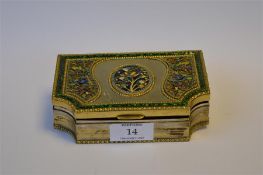 An attractive Continental silver and silver gilt jewellery casket with hinged lid and enamelled