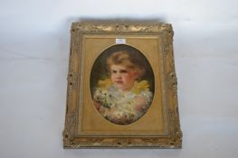 An oval portrait of a young girl with daisies and wavy hair. 41cms x 30cms. Est. £100 - £120.