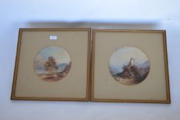 J E BUCKLEY - A pair of circular lakeside pictures with trees. 25cms x 26cmx. Est. £130 - £160.