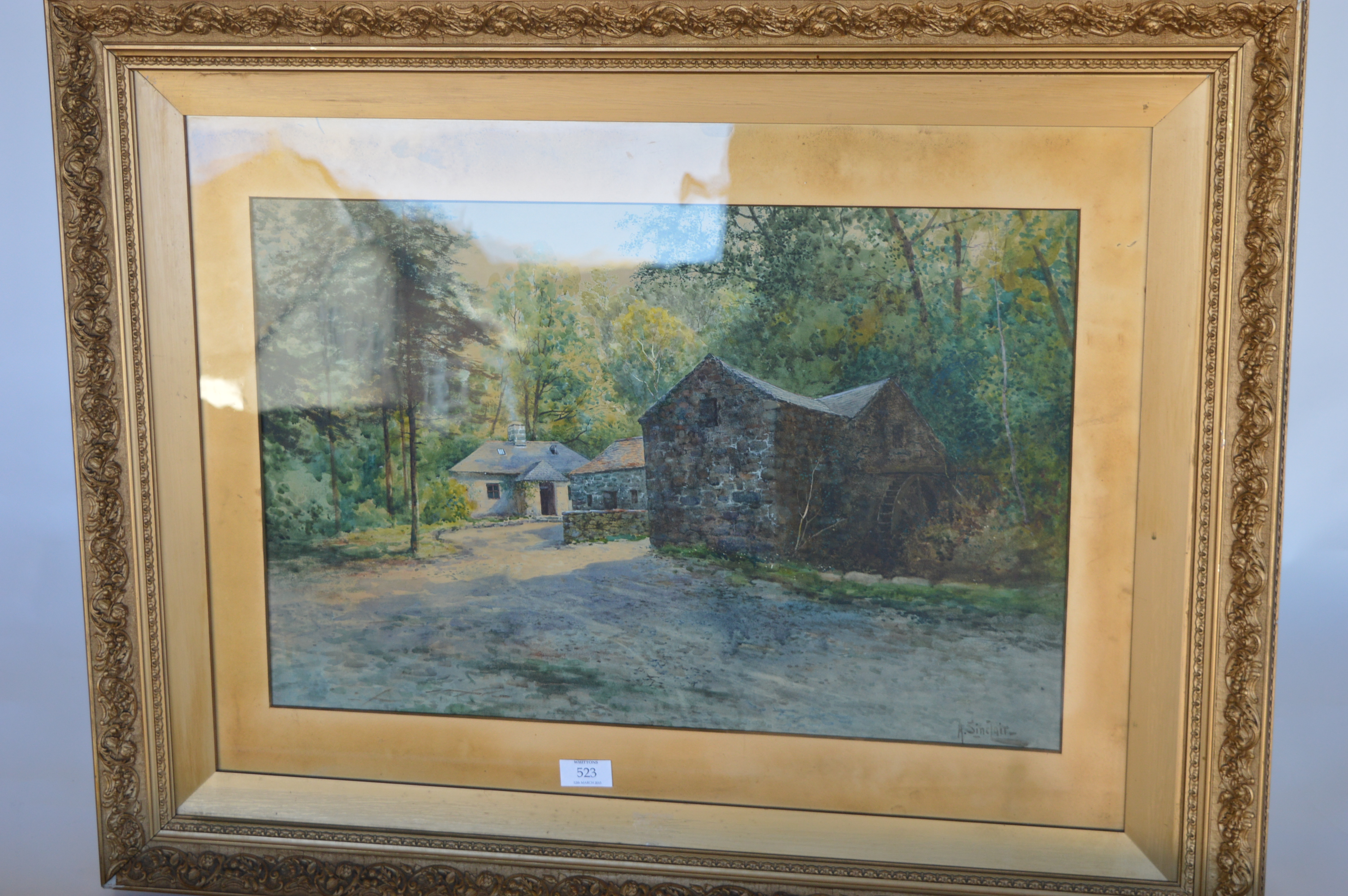 A SINCLAIR - Another large bright picture of cottage and water mill. 48cms x 73cms. Est. £70 - £80.