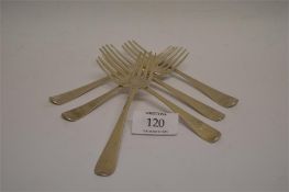 A heavy quantity of six Georgian OE table forks. Various dates and makers. Approx 314 grams. Est. £