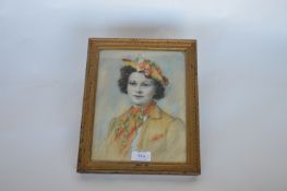 DAWN NEAUE - Pastel portrait of a lady with floral hat. Signed. 33cms x 24cms. Est. £15 - £20.