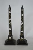 A pair of good quality Pietra dura obelisks with stepped bases and floral decoration.