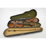 Two old cased violins. Est. £15 - £20.