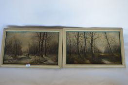 AUGUSTUS FREY - A pair of  woodland views with painted frames. 41cms x 68cms. Est. £80 - £100.