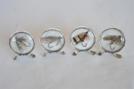 An attractive set of four menu holders, each inset with a salmon fly. Chester 1908. By Grey & Co.