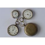 A gent's silver Hunter pocket watch together with three fob watches. Est. £40 - £50.