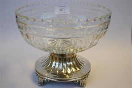 A good quality glass mounted pedestal fruit bowl with cut glass body, crimped rim on silver