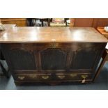 A good Antique oak Georgian style mule chest with lift up cover and two drawers on three bracket