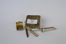 A curved cigarette case together with a pierced vinagarette, a silver fruit knife and cheroot