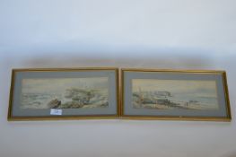 J HARDY - A pair of coastal scenes with boats and figures. 14cms x 39cms. Est. £50 - £60.