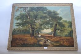 CUISANK - A large decorative scene of figure on horseback with dogs. 72cms x 99cms. Est. £120 - £