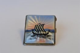 An attractive silver cigarette case decorated with enamelled viking scene. Approx 100 grams. Est. £