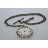 A small silver fob watch on curb link watch albert. Approx. 72.5 grams. Est. £20 - £30.