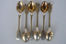 A set of six fiddle pattern egg spoons. Newcastle 1857. By TW. Approx 100 grams. Est. £80 - £100.
