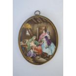 An attractive French oval porcelain miniature of a stable scene. Approx. 10 cms x 8 cms. Est. £