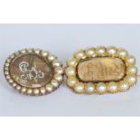 An attractive gold and pearl oval mourning brooch together with one other. Est. £20 - £30