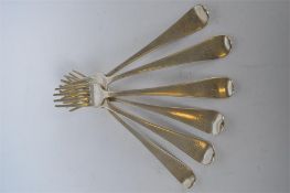 A group of six OE pattern table forks of various dates and makers. Approx. 310 grams. Est. £60 - £