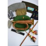 Three pairs of epaulettes, one hat, two berets, a WWI comfort box, and a brass topped cane. Est. £20