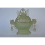 A Chinese jadeite Koro and cover on pedestal base. Approx 15 cms high. Est. £50 - £60.