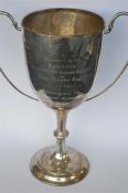 A large impressive two handled trophy cup. London 1905. Approx 995 grams. Est. £200 - £250.