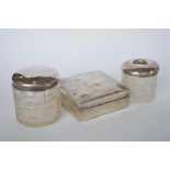 A silver hinged top cigarette box together with hobnail cut jars. Est. £10 - £15.