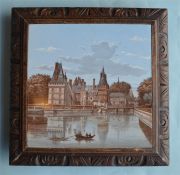 A French hand painted tile in carved oak frame. Est. £40 - £50.