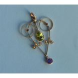 An Art Deco style peridot, pearl and amethyst drop pendant with loop top. Est. £120 - £150.